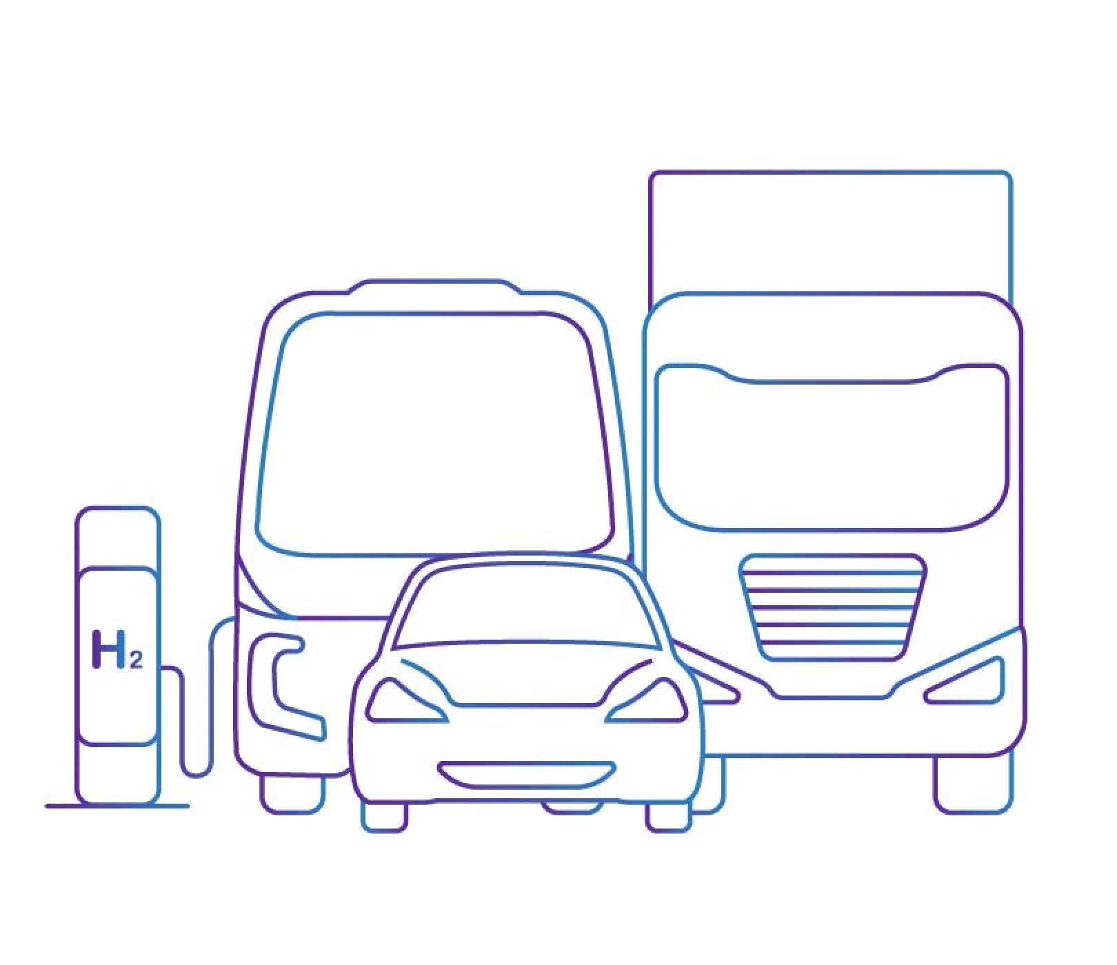 Illustration of hydrogen-powered bus, car, and truck with a hydrogen fueling station